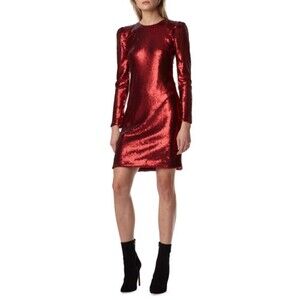 Monique Lhuillier NWT $550 Metallic Red Sequin Slim Open Back Mini Dress Size 10